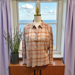 Faherty Women’s Olli Blouse Top Aroma Orange /Purple Plaid Sz L Organic Cotton